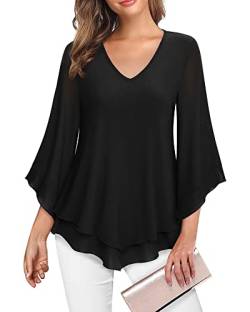 Lotusmile Damen-Bluse, doppellagig, Netz-Hemd, Rüschen, 3/4-Ärmel, Tunika-Oberteil, Schwarz, XX-Large von Lotusmile