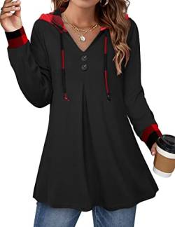 Lotusmile Damen Langarm Kapuzen Tunika Tops Knopf Swing Pullover Hoodie Sweatshirts, Schwarz Rot kariert, XL von Lotusmile