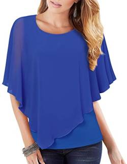 Lotusmile Damen Leicht Flowy Shirt Doppellagig Bedruckt Chiffon Poncho Bluse Top, Königsblau, Mittel von Lotusmile