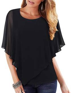 Lotusmile Damen Leicht Flowy Shirt Doppellagig Gedruckt Chiffon Poncho Bluse Top - Schwarz - Mittel von Lotusmile