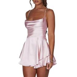 LouVasabuce Satin-Kleid für Frauen, sexy, rückenfreies, kurzes Kleid mit Rundhalsausschnitt, zum Binden am Hals, Schichtenkleid mit Spaghetti-Träger, Jumpsuit, Minikleid, Pink, Medium von LouVasabuce