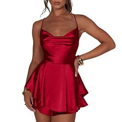 LouVasabuce Frauen Sexy Rückenfrei Kurz Strampler Satin Kleid Wasserfallkragen Krawatte Rüschen Schicht Spaghettiträger Jumpsuit Minikleid, Rot/Ausflug, einfarbig (Getaway Solids), Medium von LouVasabuce