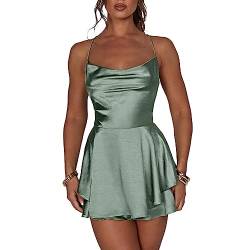 LouVasabuce Satin-Kleid für Frauen, sexy, rückenfreies, kurzes Kleid mit Rundhalsausschnitt, zum Binden am Hals, Schichtenkleid mit Spaghetti-Träger, Jumpsuit, Minikleid, Grün , Large von LouVasabuce