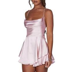 LouVasabuce Satin-Kleid für Frauen, sexy, rückenfreies, kurzes Kleid mit Rundhalsausschnitt, zum Binden am Hals, Schichtenkleid mit Spaghetti-Träger, Jumpsuit, Minikleid, Pink, Large von LouVasabuce