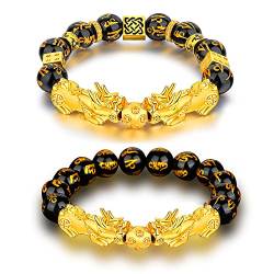 Louenth 2 Stück Feng Shui Perlenarmband, schwarzer Obsidian Perlenarmband, chinesisches Armband mit handgeschnitztem Amulett und Pi Xiu Glücksarmband,Armband für Damen Herren von Louenth