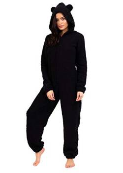 Loungeable Damen Jumpsuit Overall Tiere Gesichter Öhrchen 3D Kapuze Black Sherpa All in one with Ears 798085BLA L von Loungable