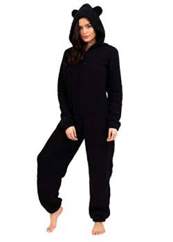 Loungeable Damen Jumpsuit Overall Tiere Gesichter Öhrchen 3D Kapuze Black Sherpa All in one with Ears 798085BLA M von Loungable