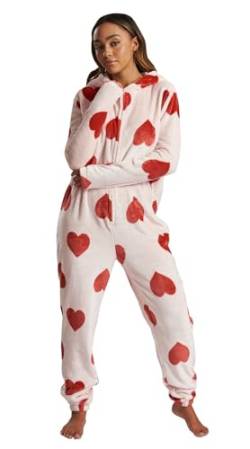 Loungeable Damen Jumpsuit Langer Overall Einteiler Heart Luxury Fleece All In One 793073 rote Herzen L von Loungeable