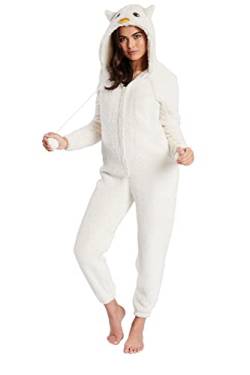 Loungeable Damen Jumpsuit Overall Einteiler 3D-Faschings-Tier-Kostüm mit Kapuze Schnee-Eule Hasuanzug 791225 L von Loungeable