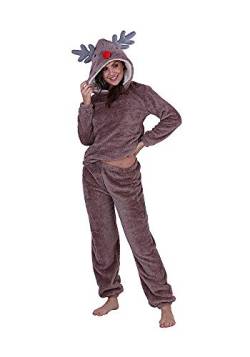 Loungeable Damen Jumpsuit Overall Tiere Gesichter Öhrchen 3D Kapuze Reindeer Pyjama 799212 S von Loungeable