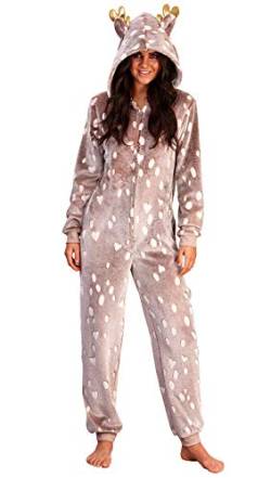 Loungeable Damen Jumpsuit Overall Tiere Gesichter Öhrchen 3D Kapuze Rentier - Reindeer Luxury with metallic Antler 790039 M von Loungeable