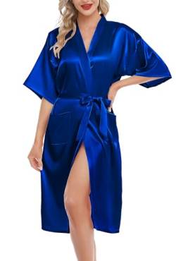 Lovasy Bademantel Damen Satin Japanisch Kimono Jacke Damen mit Gürtel Sexy Morgenmantel Leicht Pyjama für Hochzeit Braut Party,Dunkelblau,XL von Lovasy