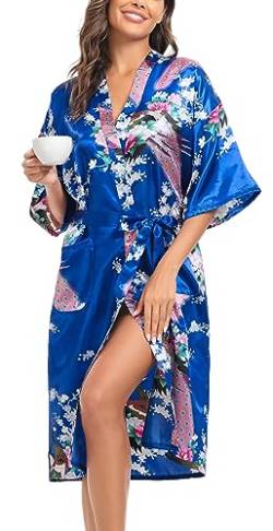 Lovasy Bademantel Damen Satin Japanisch Kimono Jacke Damen mit Gürtel Sexy Morgenmantel Leicht Pyjama für Hochzeit Braut Party,Lake Blue,L von Lovasy