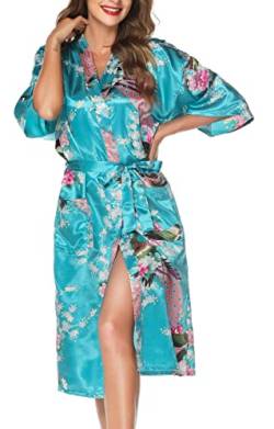 Lovasy Bademantel Damen Satin Japanisch Kimono Jacke Damen mit Gürtel Sexy Morgenmantel Leicht Pyjama für Hochzeit Braut Party,Lake Blue,XL von Lovasy