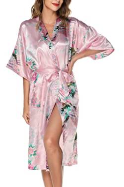 Lovasy Bademantel Damen Satin Japanisch Kimono Jacke Damen mit Gürtel Sexy Morgenmantel Leicht Pyjama für Hochzeit Braut Party,Rosa,L von Lovasy