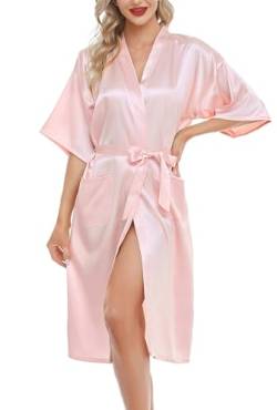 Lovasy Bademantel Damen Satin Japanisch Kimono Jacke Damen mit Gürtel Sexy Morgenmantel Leicht Pyjama für Hochzeit Braut Party,Rosa,M von Lovasy