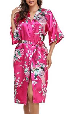 Lovasy Bademantel Damen Satin Japanisch Kimono Jacke Damen mit Gürtel Sexy Morgenmantel Leicht Pyjama für Hochzeit Braut Party,Rot,M von Lovasy