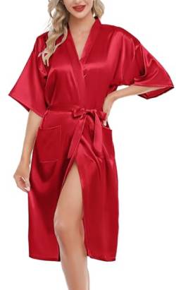 Lovasy Bademantel Damen Satin Japanisch Kimono Jacke Damen mit Gürtel Sexy Morgenmantel Leicht Pyjama für Hochzeit Braut Party,Rot,S von Lovasy