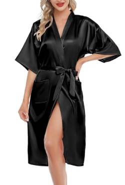 Lovasy Bademantel Damen Satin Japanisch Kimono Jacke Damen mit Gürtel Sexy Morgenmantel Leicht Pyjama für Hochzeit Braut Party,Schwarz,S von Lovasy