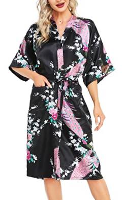Lovasy Bademantel Damen Satin Japanisch Kimono Jacke Damen mit Gürtel Sexy Morgenmantel Leicht Pyjama für Hochzeit Braut Party,Schwarz,XL von Lovasy