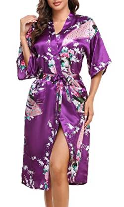 Lovasy Bademantel Damen Satin Japanisch Kimono Jacke Damen mit Gürtel Sexy Morgenmantel Leicht Pyjama für Hochzeit Braut Party,Violet,M von Lovasy