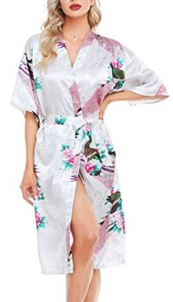 Lovasy Bademantel Damen Satin Japanisch Kimono Jacke Damen mit Gürtel Sexy Morgenmantel Leicht Pyjama für Hochzeit Braut Party,Weiß,L von Lovasy