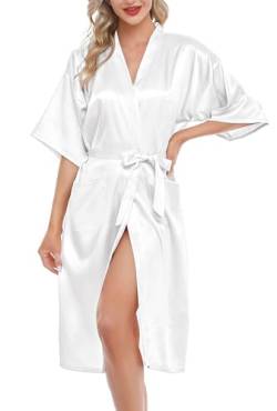 Lovasy Bademantel Damen Satin Japanisch Kimono Jacke Damen mit Gürtel Sexy Morgenmantel Leicht Pyjama für Hochzeit Braut Party,Weiß,M von Lovasy