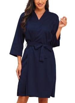 Lovasy Bademantel Waffelpique Damen 3/4 Ärmel Saunamantel Waffelstrick Morgenmantel Weich Leicht Knielang Loungewear mit Gürtel Taschen,Marineblau,XXL von Lovasy