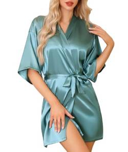 Lovasy Braut Bademantel Damen Kurz Satin Kimono Leicht Sexy Morgenmantel für Frauen Party Hochzeit Pajama mit Gürtel,grau Grün,L von Lovasy