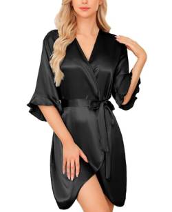 Lovasy Bride Bademantel Damen Leicht Kurz Satin Morgenmantel Seide Sexy Kimono 3/4 Ärmel Rüsche Dünner Seidenpyjama mit Gürtel,Schwarz,M von Lovasy