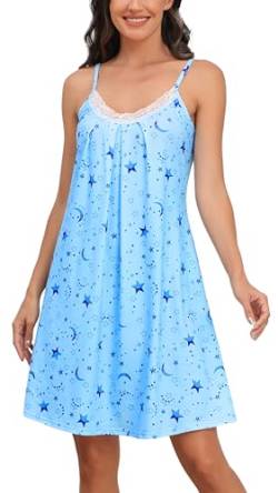 Lovasy Damen Nachthemd Spaghettiträger Ärmellos Chemise Träger Nachtkleid Sexy Lose Spitze Babydoll Damen Negligee,Blau Stern,L von Lovasy