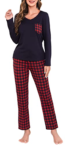 Lovasy Damen Schlafanzug Winter Lang Kariert Pyjama Set mit Taschen Zweiteiliger Damenschlafanzug Langarm V-Ausschnitt Schlafanzüge für Damen,Weinrot,XL von Lovasy