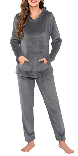 Lovasy Fleece Schlafanzug Damen Winter Lang Pyjama Set Warmer Flauschiger Frottee Schlafanzüge für Damen mit Kapuzen Taschen,A-Dunkelgrau,XL von Lovasy