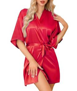 Lovasy Kimono Damen Satin Braut Bademantel Kurz Sexy Morgenmantel für Frauen Team Bride Hochzeit Trauzeugin Japanisch Party Pajama mit Gürtel,Rot,XL von Lovasy