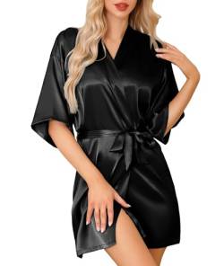 Lovasy Kimono Damen Satin Braut Bademantel Kurz Sexy Morgenmantel für Frauen Team Bride Hochzeit Trauzeugin Japanisch Party Pajama mit Gürtel,Schwarz, M von Lovasy