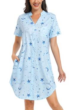 Lovasy Kurzarm Nachthemd mit Knöpfen Damen Stillnachthemd V-Ausschinitt Druck Sleepshirt Sommer Pyjama Schlafshirt mit Taschen,Hellblau-Stern Mond,XXL von Lovasy