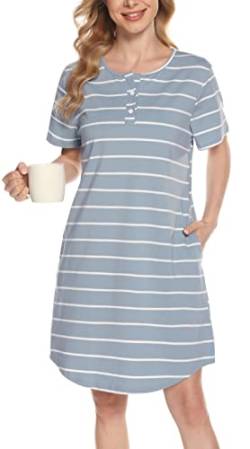 Lovasy Nachthemd Damen Kurzarm Schlafshirt mit Knöpfen Streifen Stillnachthemd Geburt Pyjama Zwei Taschen, Blau, XL von Lovasy