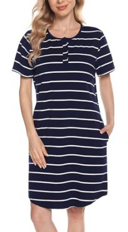 Lovasy Nachthemd Damen Kurzarm Schlafshirt mit Knöpfen Streifen Stillnachthemd Geburt Pyjama Zwei Taschen, Navy Blau, S von Lovasy