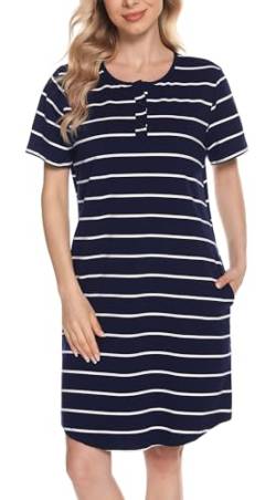 Lovasy Nachthemd Damen Kurzarm Schlafshirt mit Knöpfen Streifen Stillnachthemd Geburt Pyjama Zwei Taschen, Navy Blau, XL von Lovasy