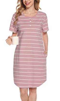 Lovasy Nachthemd Damen Kurzarm Schlafshirt mit Knöpfen Streifen Stillnachthemd Geburt Pyjama Zwei Taschen, Rosa, XL von Lovasy