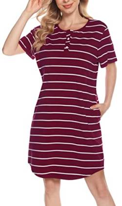 Lovasy Nachthemd Damen Kurzarm Schlafshirt mit Knöpfen Streifen Stillnachthemd Geburt Pyjama Zwei Taschen, Weinrot, XL von Lovasy