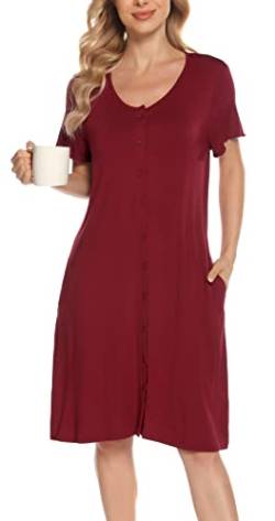 Lovasy Nachthemd Damen Kurzarm Still Pyjama mit Knöpfen Schlafshirt Nursing Nachthemd Schwangerschaft Geburt Nachtwäsche, Dunkelrot, XL von Lovasy