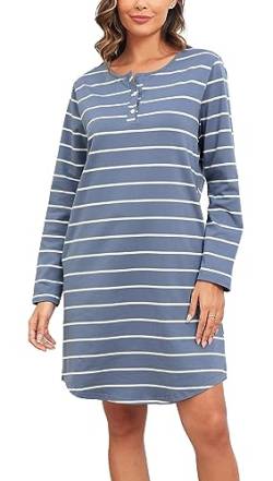 Lovasy Nachthemd Damen Langarm Schlafshirt mit Knopfleiste Gestreift Stillnachthemd Geburt Pyjama Zwei Taschen, Himmelblau, XXL von Lovasy