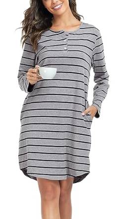 Lovasy Nachthemd Damen Langarm Schlafshirt mit Knopfleiste Gestreift Stillnachthemd Geburt Pyjama Zwei Taschen,Grau, S von Lovasy