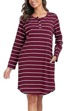 Lovasy Nachthemd Damen Langarm Schlafshirt mit Knopfleiste Gestreift Stillnachthemd Geburt Pyjama Zwei Taschen,Weinrot, XXL von Lovasy