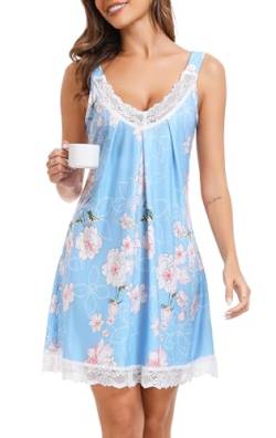 Lovasy Nachthemd Damen Sexy Babydoll Negligee Spitze Träger Unterkleider für Damen Kurz Nachtkleid V-Ausschnitt Ärmellos Lose Sleepwear Dessous,Blau Blumen,M von Lovasy