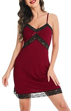 Lovasy Negligee Damen Sexy Spitze Nachthemd Damen Sexy Babydoll mit V-Ausschnitt Unterkleid Damen Spaghettiträger Negligee,Weinrot,XXL von Lovasy