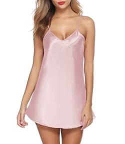 Lovasy Satin Nachthemd Damen Negligee Sexy Schwarz kurzes Chemise Spaghettiträger Babydoll V Ausschnitt Nachtwäsche Nachtwäsche Unterkleid Nachtkleid,Pink,S von Lovasy