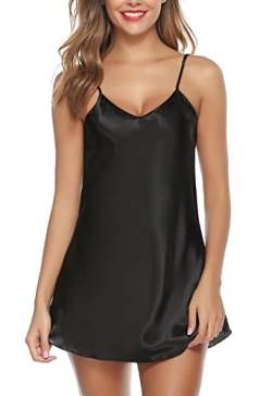 Lovasy Satin Nachthemd Damen Negligee Sexy Schwarz kurzes Chemise Spaghettiträger Babydoll V Ausschnitt Nachtwäsche Nachtwäsche Unterkleid Nachtkleid,Schwarz,XXL von Lovasy