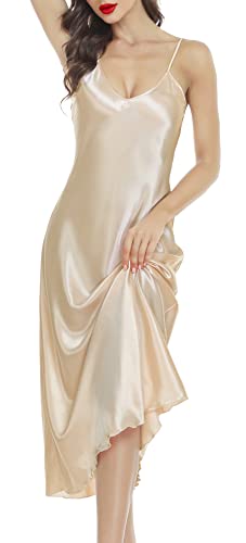 Lovasy Satin Nachthemd Damen Sexy Spaghettiträger Nachtkleid Lang Negligee Babydoll mit V-Ausschnitt Seiden Sommer Pyjama,Champagner,L von Lovasy